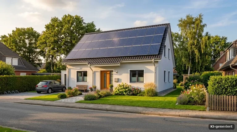 Renoviertes Einfamilienhaus mit neuer Fassade und Photovoltaik auf dem Dach, Nachmittagslicht