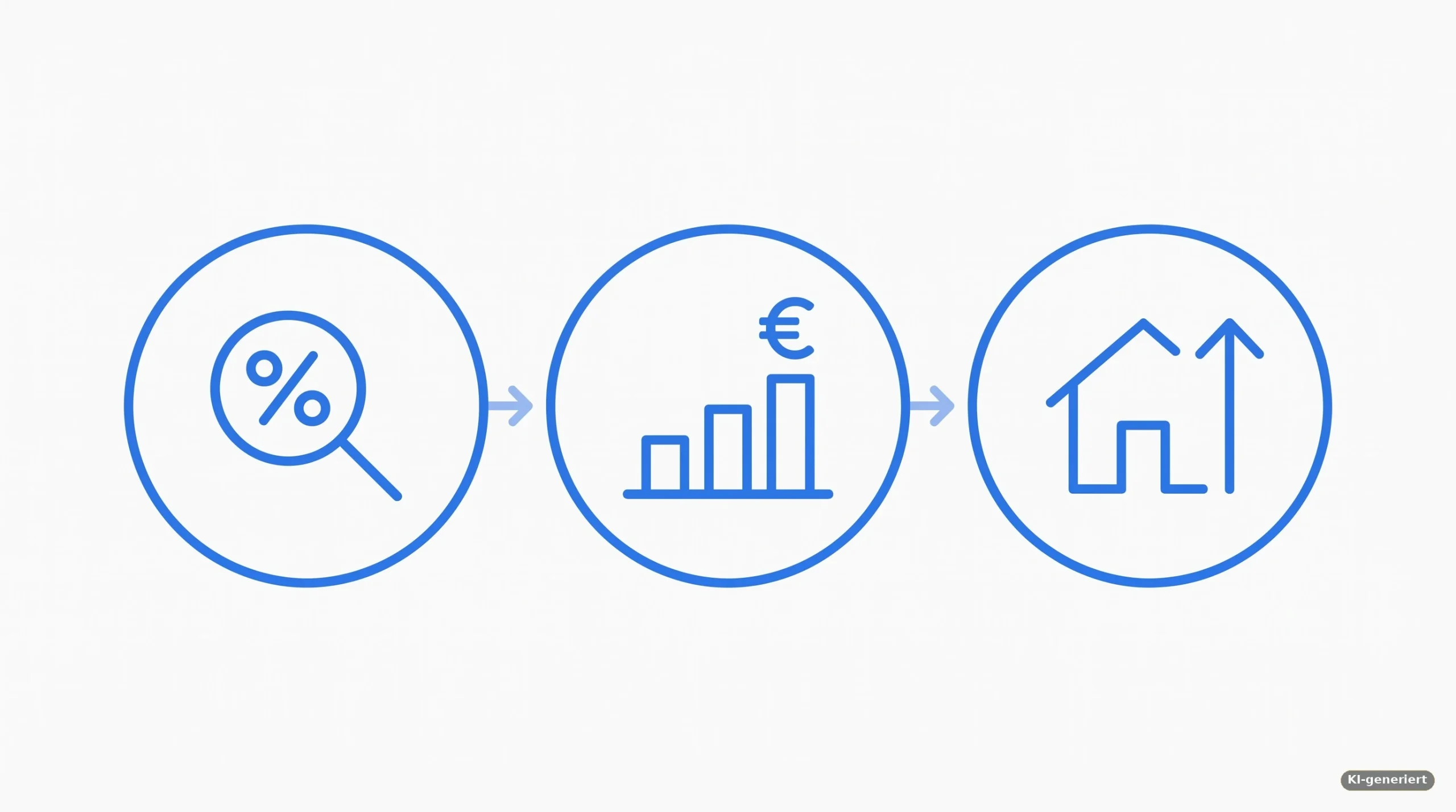 Illustration einer Lupe ueber einem Prozentzeichen, eines ansteigenden Balkendiagramms mit Euro-Symbol und eines Hauses mit Aufwaertspfeil, verbunden durch Pfeile – Symbolbild fuer Zinsen und Rendite beim Bausparen