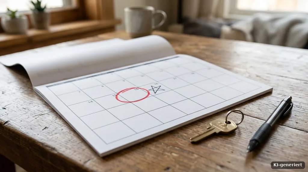 Kalender mit einem markierten Datum in einigen Jahren, daneben ein Hausschlüssel und ein Kugelschreiber