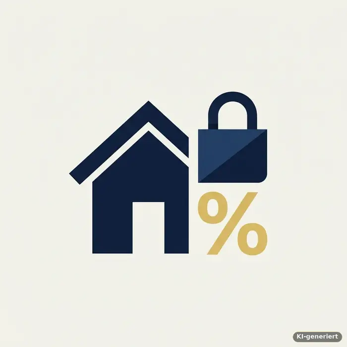 Haus-Symbol mit Vorhängeschloss über einem Prozentzeichen als Symbol für die Zinssicherung bei der Anschlussfinanzierung