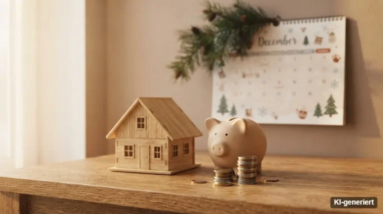 Hausmodell aus Holz, Sparschwein und Münzen auf einem Schreibtisch, dahinter ein Dezember-Kalender