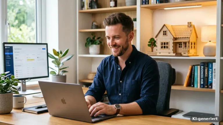 Mann sitzt am Laptop im Homeoffice und schließt online einen Bausparvertrag ab