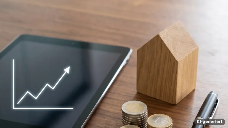 Tablet mit steigendem Diagramm, daneben Münzstapel, ein Holzhaus und ein Kugelschreiber