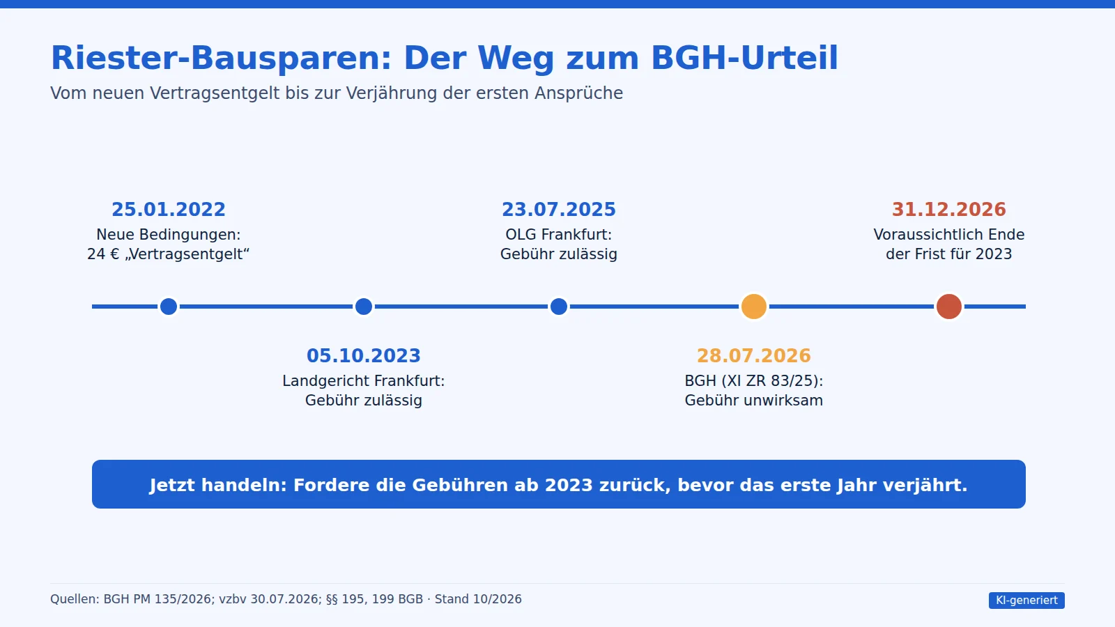 Zeitstrahl Riester-Bausparen: neues Vertragsentgelt 2022, Urteile von Landgericht und OLG Frankfurt, BGH-Urteil vom 28.07.2026 und voraussichtliches Fristende für 2023 am 31.12.2026